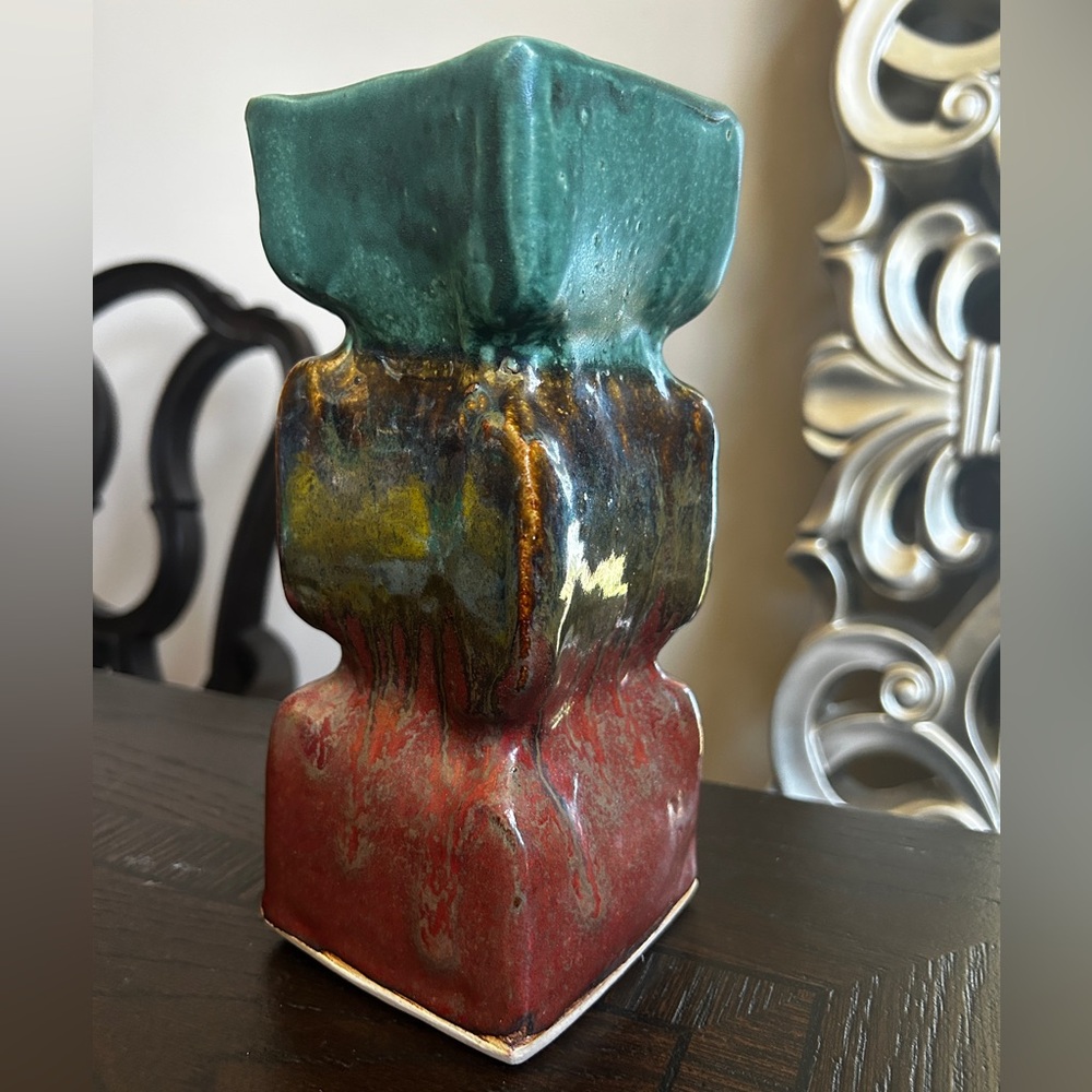 Vintage Glazed Clay Pottery Vase - Signed by Artist -70s